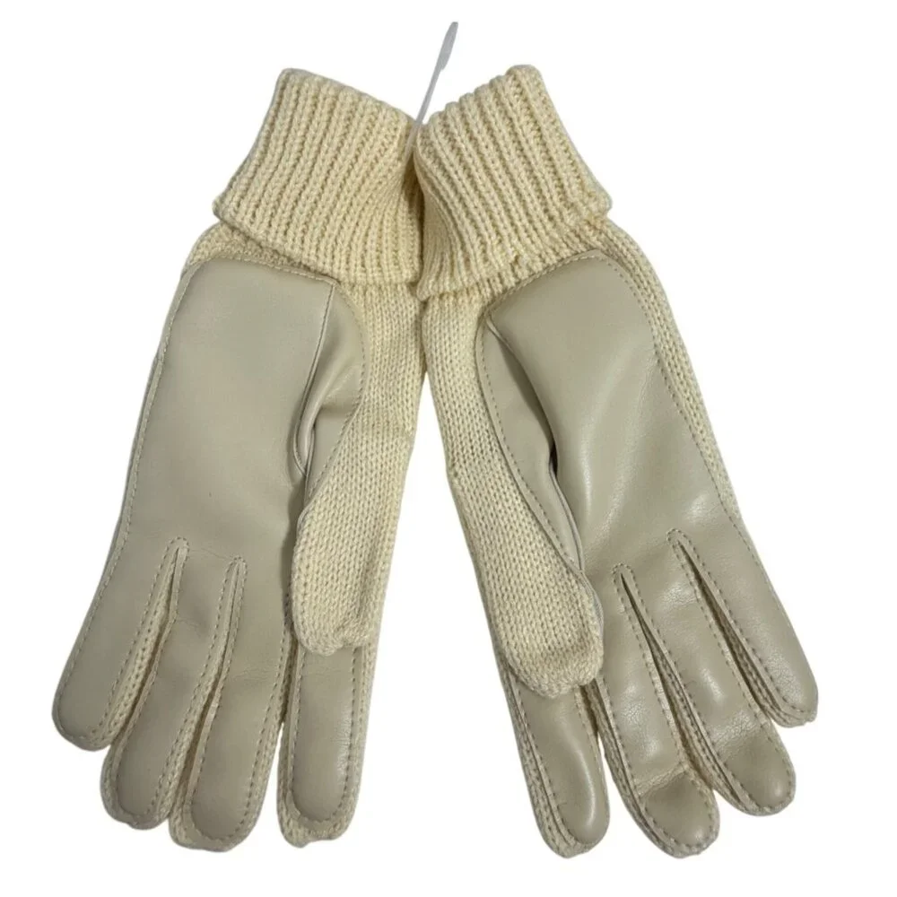 Vintage Ladies Vinyl Palm & Back Gloves With Knit Cuff Cream New In Box